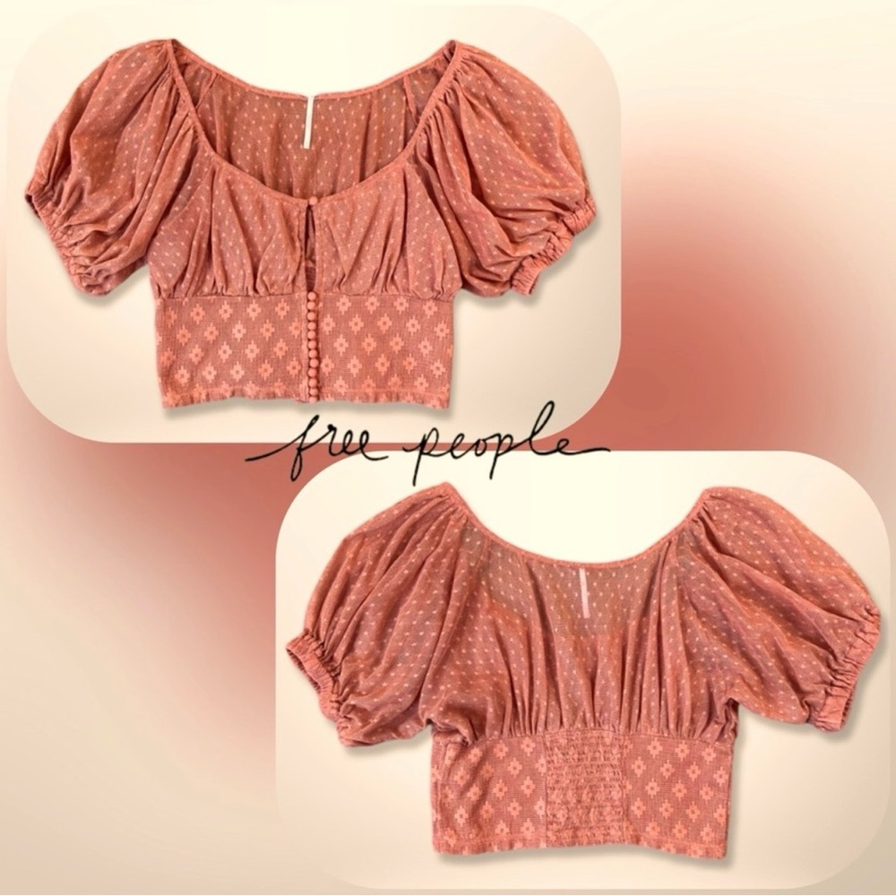 Free People Rose Heartstrings Lace Mesh Puff Sleeve Crop Top Blouse Size L